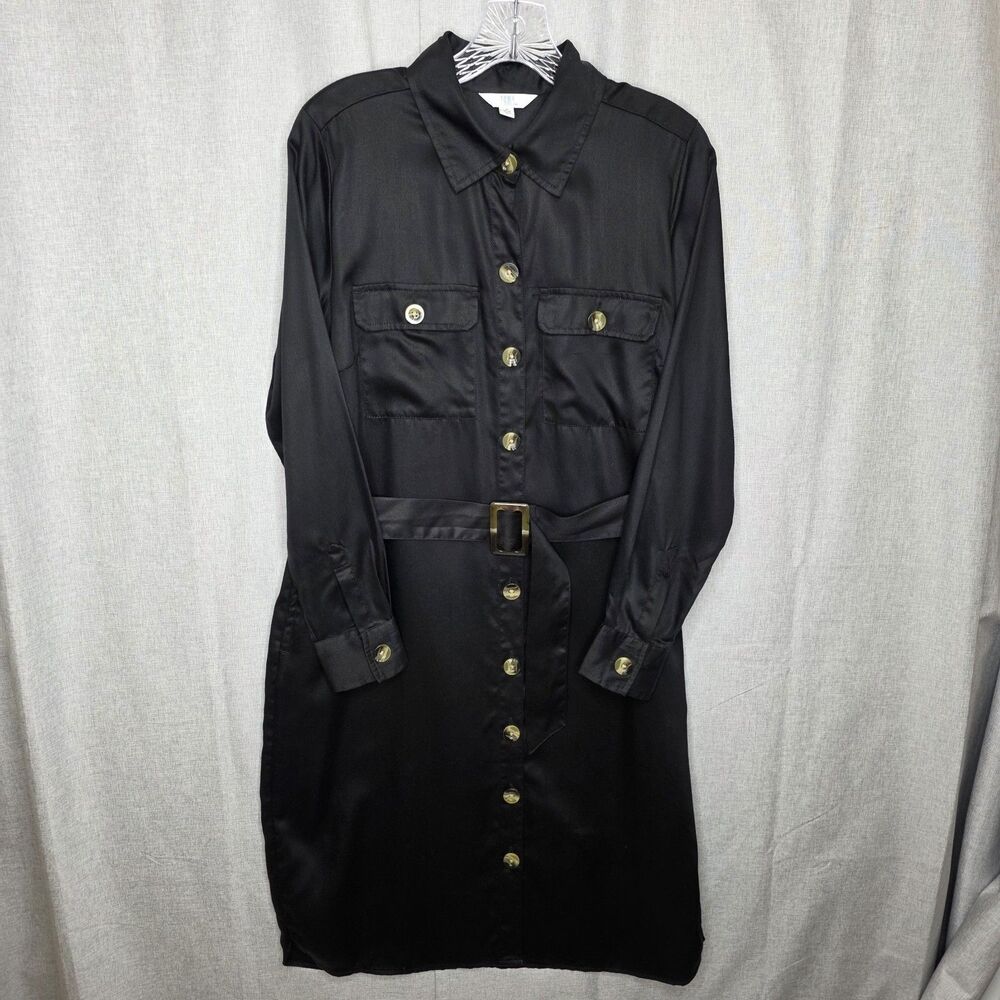Time and Tru Black Utility Shirt Dress Women's S Button Front Belted Long Sleeve